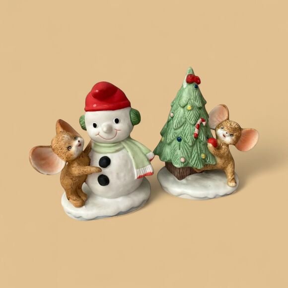 HOMCO 8905 Mice with Christmas Tree and Snowman Vintage Holiday Figurines - Picture 1 of 11